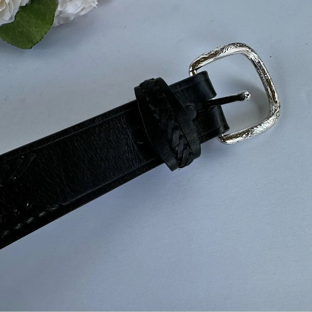 Black Leather Sz 36 Silver Plated Belt‎